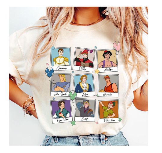 Discover Disney Prince Characters Group Shirt, Walt Disney Prince Charming Phillip Aladdin Kristoff Portrait Shirt, Disneyland Family Matching Tee
