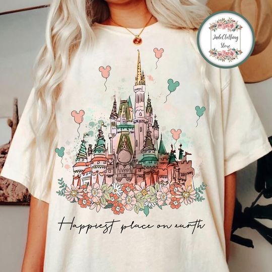 Discover Vintage Disneyland Resort Happiest Place on Earth Shirt, Disney Floral Castle Mickey Balloon Shirt, Disneyland Trip Family Matching Shirt