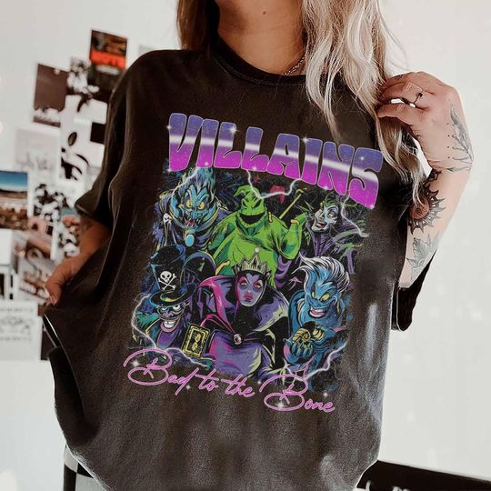 Discover Vintage Disney Villains Bad To The Bone shirt, Maleficent Ursula Evil Queen Cruella Bad Witches Club Shirt, Disney Halloween Girl's Trip Tee