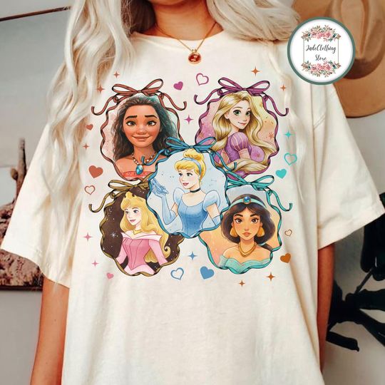 Discover Coquette Bows Watercolor Disney Princess Shirt, Disney Aurora Rapunzel Jasmine Cinde Moana Shirt, Disneyland Family Matching Outfit