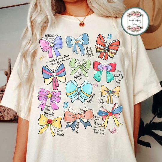 Discover Coquette Bows Watercolor Disney Princess Shirt, Disney Ariel Snow White Cinde Aurora Belle Shirt, Disneyland Trip Family Matching Shirt