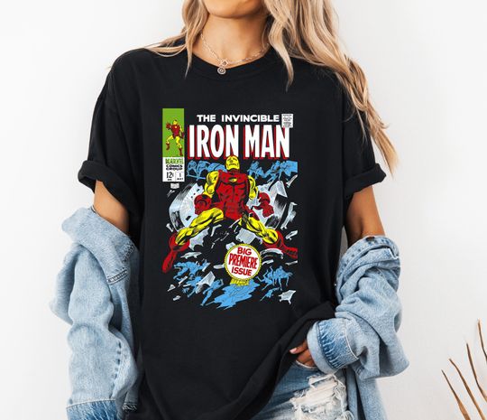 Discover Marvel Avengers Iron Man Big Premier Issue Classic Comic T-Shirt, Marvel Logo Shirt, Disneyland Family Party Gift, Disneyland Trip Outfits