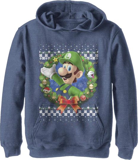 Discover Fifth Sun Kids' Nintendo Wreath Luigi Real Youth Pullover Hoodie, Navy Blue Heather, Large