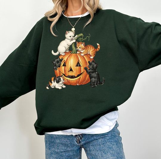 Discover Vintage Pumpkin Cat Shirt or Sweatshirt, Retro Halloween Kitten Sweatshirt, Cute Fall Hoodie, Cozy Autumn Graphic Tee, Spooky Season Gift