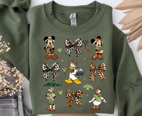 Discover Mickey And Friends Leopard Coquette Bows Animal Kingdom Sweatshirt, 2025 Disney Safari Mode Wild Hoodie, Magic Kingdom Family Vacation Trip