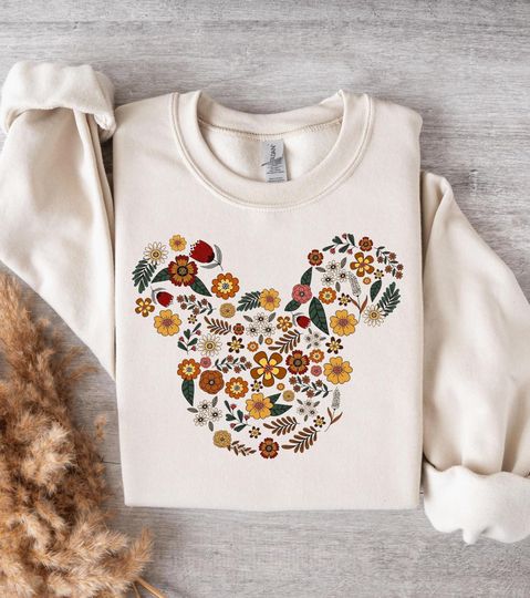 Discover Retro Fall Floral Disney Ears Shirt, Autumn Mickey Ears Sweatshirt, Vintage Fall Flower Minnie Sweatshirt, Cute Pumpkin Disney Shirt