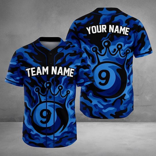 Discover Custom Billiards 3D Baseball Jersey - Blue Camo Pool 9 Ball Team Shirt with Name