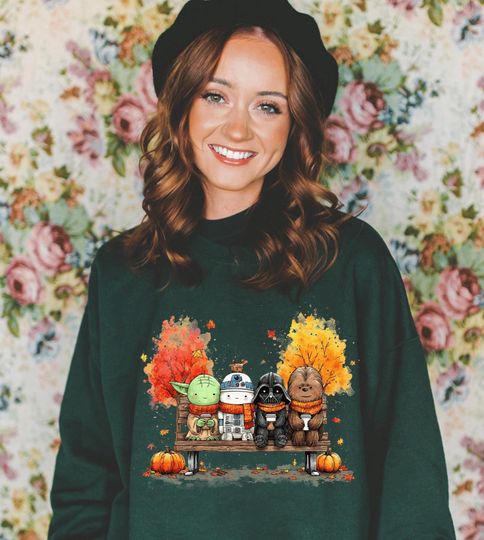 Discover Cute Star Galaxy Fall Shirt | Cozy Autumn Pumpkin Bench Star Wars Sweatshirt