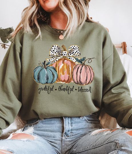 Discover Grateful Thankful Blessed Pumpkin Sweatshirt and Shirt, Cozy Fall Autumn Sweatshirt