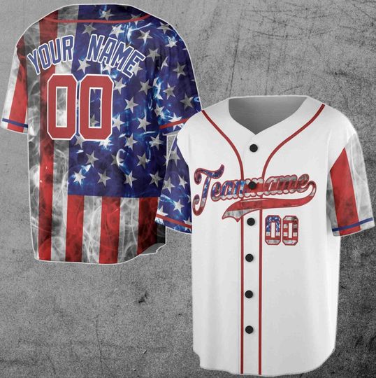 Discover Personalized White Red Blue American Flag Baseball Jersey for Men