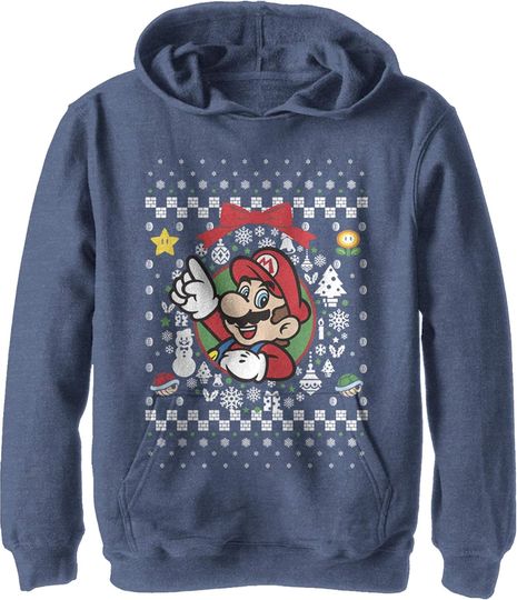 Discover Fifth Sun Kids' Nintendo Wreath Mario Sweater Youth Pullover Hoodie, Navy Blue Heather, Small