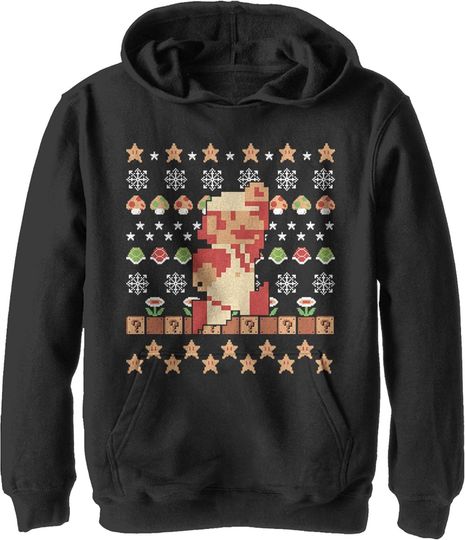 Discover Fifth Sun Kids' Nintendo Mario Holiday Pixels Youth Pullover Hoodie