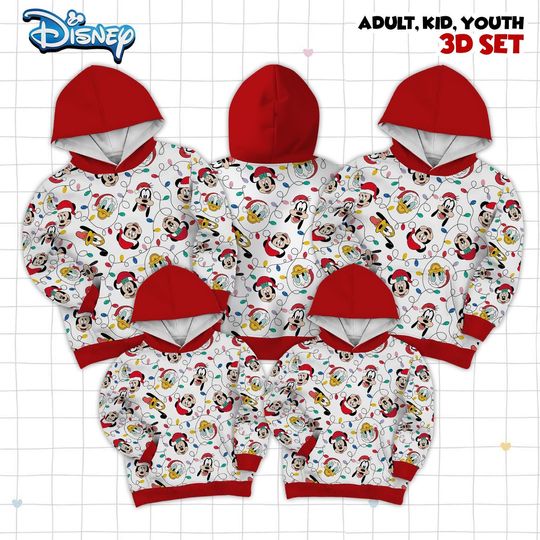 Discover Mickey And Friends Christmas Light Christmas Party Hoodie, Family Matching Hoodie Disneyland 2025 Holiday Gift Disney Santa Mickey Xmas