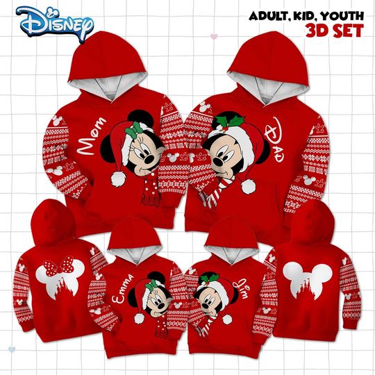 Discover Custom Name Mickey Minnie Christmas Party Hoodie, Family Matching Hoodie Disneyland 2025 Holiday Gift Disney Santa Mickey And Minnie Xmas