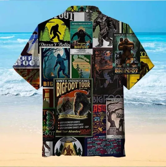 Discover Bigfoot Poster Collage Hawaiian Shirt, Sasquatch Hawaiian Shirt, Weird Hawaiian