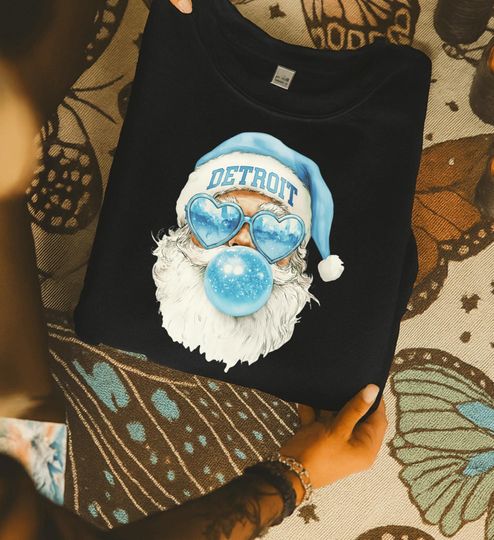 Discover Detroit Santa Bubblegum Sweatshirt, Funny Christmas Detorit Gameday Crewneck, Football Holiday Santa Graphic Top