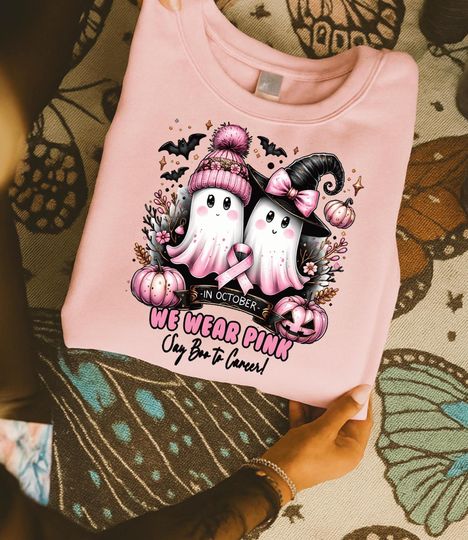 Discover In October We Wear Pink Sweatshirt and Shirt Breast Cancer Awareness Ghost Sweater  Cute Pink Pumpkin Halloween Sweatshirt