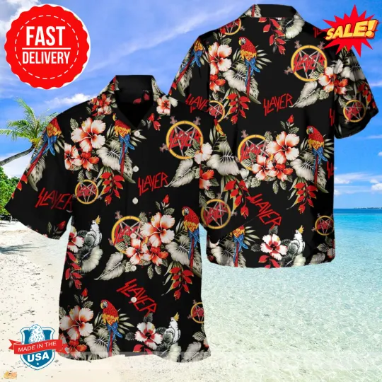 Discover Slayer Rock Band Floral Pattern And Parrot Summer 2025 Hawaiian Shirt
