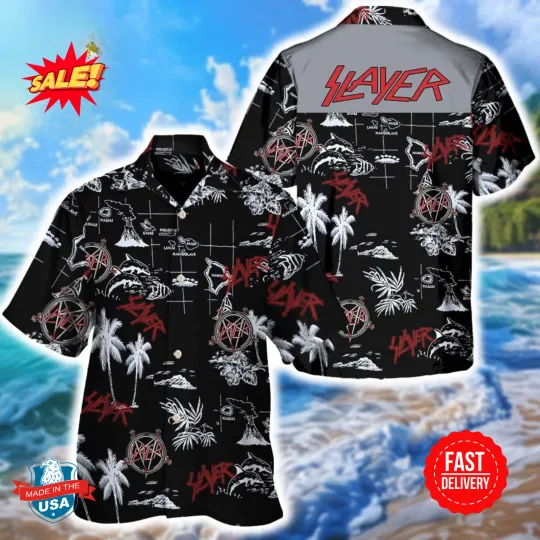 Discover Slayer Rock Pattern And Black Background Music Aloha Summer 2025 Hawaiian Shirt