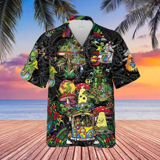 Discover Mushroom Alien Hawaiian 3D Shirt, Hawaii Shirt, Beach Shirt, Summer Trip