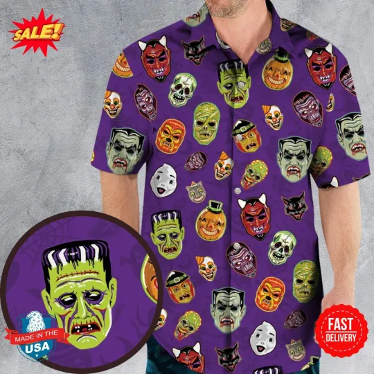 Discover Retro Halloween Masks Hawaiian Shirt