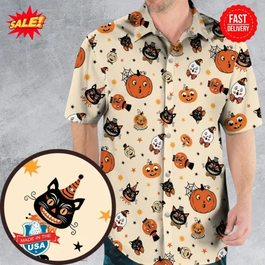 Vintage Halloween Cat Pumpkin Moon Spooky Traditional Owl Ghost Hawaiian Shirt