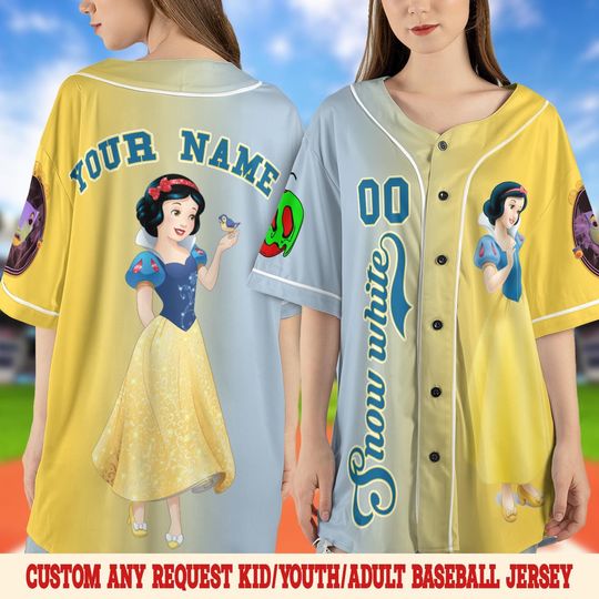Discover Custom Snow White Princess Baseball Jersey, Princess Kid Youth Adult Disney Jersey, Snow White and the Seven Dwarfs Baseball Jersey OHQK10
