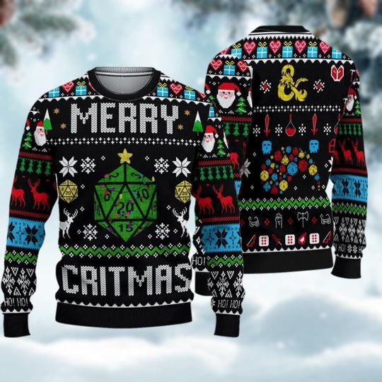 Christmas DnD Ugly Sweater, Dungeons And Dragons Xmas Sweater, Gaming Dungeon Master Gift, Merry Critmas Christmas Sweatshirts