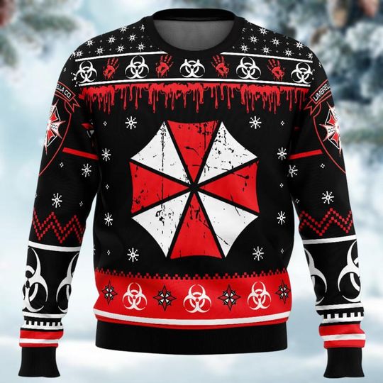 Discover Umbrella Corporation Ugly Christmas Sweater, Resident Evil Xmas Sweater, Raccoon City Xmas Sweater, Sweater For Men
