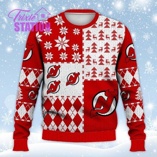 Discover NJD Ugly Sweater Christmas, Ice Hockey Sweatshirt Pattern 3D All Over Print Hoodie, Shirt Xmas Full Print