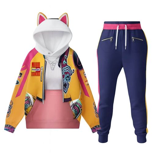 Discover Rumi Kpop Demon Hunter Hoodie Jogger Set, Yellow Pink 3D Printed Outfit, Futuristic Anime Cosplay Tracksuit, Streetwear Gift for Fans