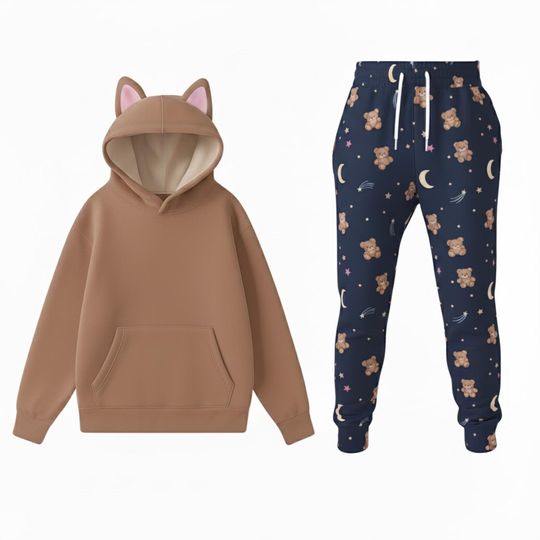 Discover Rumi Cosplay Pajamas Hoodie Jogger Set, Cute Bear Ears Outfit, 3D Printed Loungewear Tracksuit, Anime Sleepwear Gift Idea