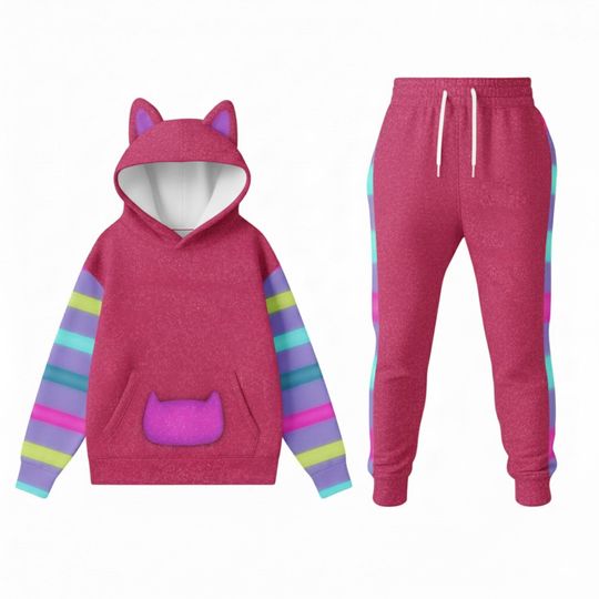 DJ Cat Ears Costume Hoodie Jogger Set, Neon Cat Cosplay Outfit, 3D Printed Tracksuit, Cute Animal Streetwear Gift