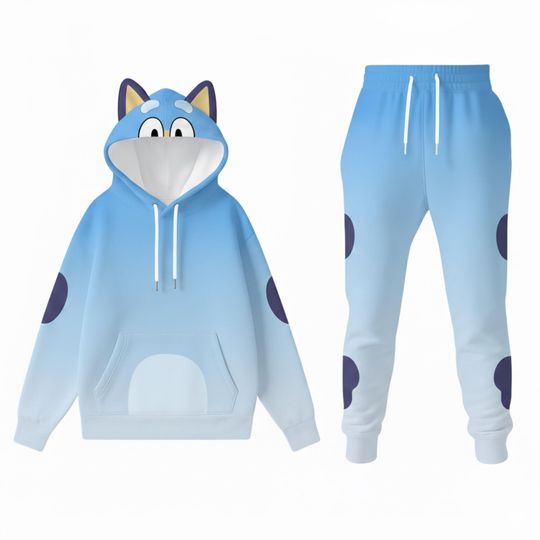 Discover Light Blue Puppy Ears Costume Hoodie Jogger Set, Cute Dog Cosplay Outfit, 3D Printed Tracksuit, Cozy Animal Loungewear Gift Idea