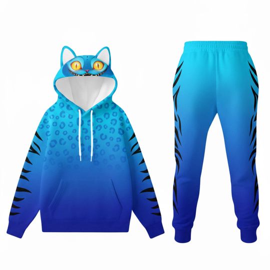 Derpy Cyber Cat Costume Hoodie Jogger Set, Neon Blue 3D Printed Outfit, Futuristic Demon Hunter Tracksuit, Streetwear Gift Idea