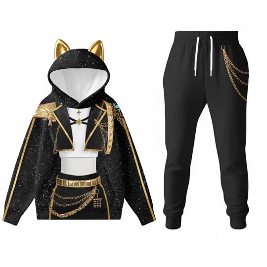 Discover Rumi Demon Hunter Hoodie Jogger Set, Black Gold 3D Printed Outfit, Futuristic Anime Cosplay Tracksuit, Kpop Streetwear Gift Idea