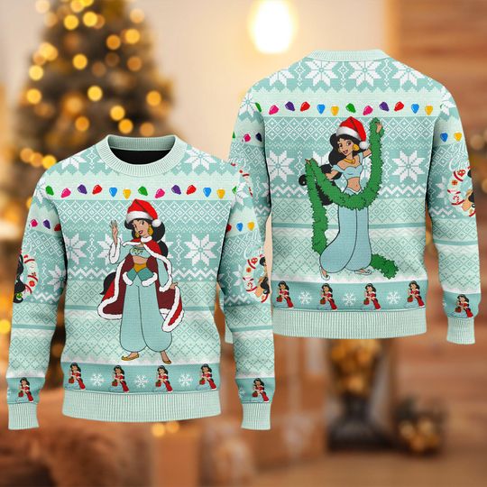 Discover Jasmine Princess Ugly Christmas Sweater, Disney Aladdin Xmas Sweatshirt, Jasmine Character Aladdin Christmas Gift For Men Women Kid
