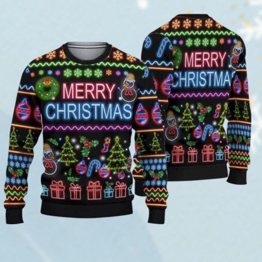 Discover Bright Neon Lighting Ugly Sweater, Merry Christmas Lighting Ugly Sweater, Reindeer Neon Light Sweater, Santa Claus Christmas Shirt