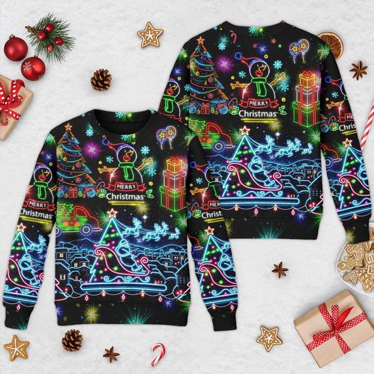 Discover Bright Neon Lighting Ugly Christmas Sweater, Santa Claus Neon Christmas Sweater, Reindeer Neon Light Xmas Sweatshirt, Xmas Party Gift