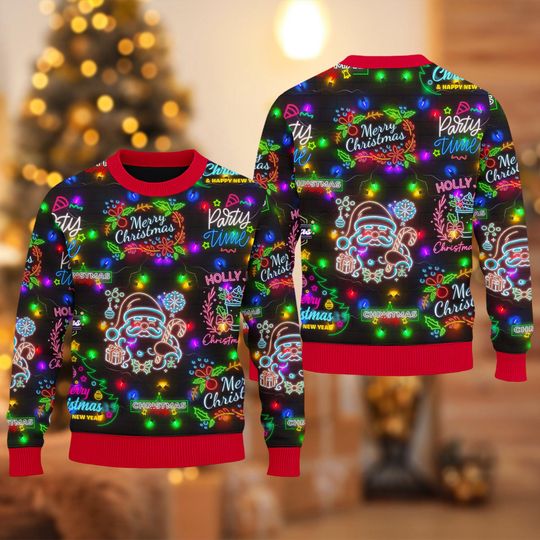 Discover Christmas Bright Neon Lighting Ugly Sweater, Santa Claus Ugly Christmas Pattern Gift, Santa Neon Lighting Sweatshirt, Merry Christmas Shirt