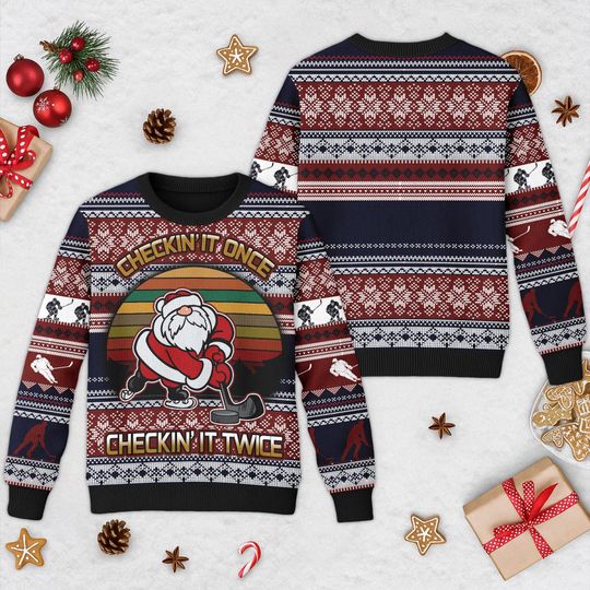 Discover Hockey Checking It Once Checking It Twice Ugly Christmas Sweater, Funny Sport Xmas Sweatshirt, Hockey Christmas Gift For Men Women Kid