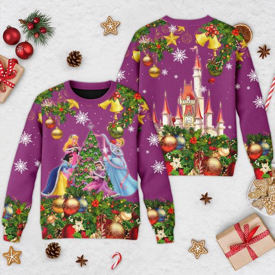 Discover Disney Princesses Purple Rainbow Castle Ugly Christmas Sweater, Princess Christmas Xmas Sweater, Christmas Gift For Men Women Kid