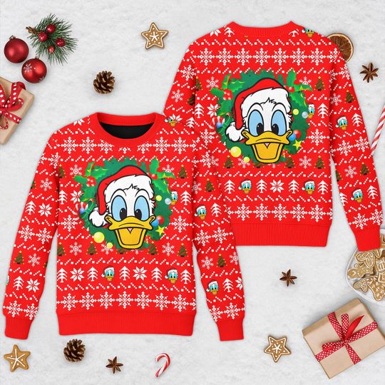 Discover Donald Duck Ugly Christmas Sweater, Donald Duck Santa Red Hat Xmas Sweatshirt, Disney Christmas Gift For Men Women, Disney Christmas Gift