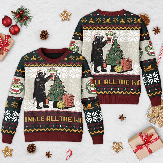Discover Jingle All The Way Dadalorian Ugly Christmas Sweater, Baby Yoda Xmas Sweatshirt, Star Wars Christmas Ugly Sweater, Marvel Xmas Shirt