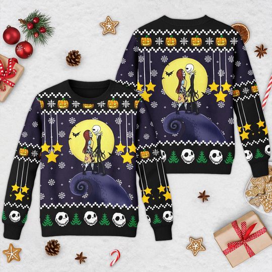 Discover The Nightmare Before Christmas Ugly Sweater, Jack Skellington and Sally Xmas Sweatshirt, Disney Christmas Gift For Men Women, Disney Sweater