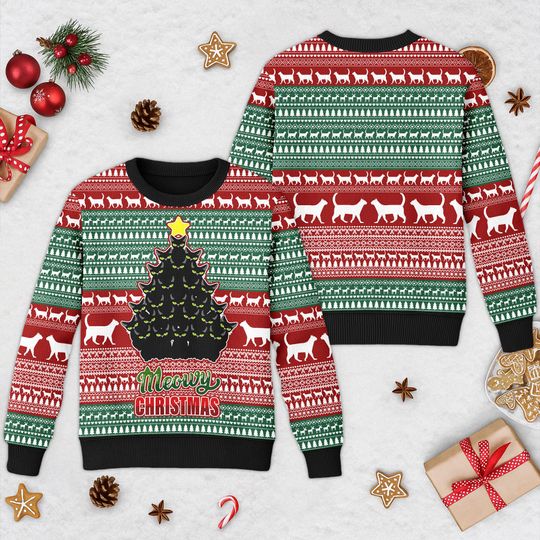 Discover Merry Catmas 3D Ugly Christmas Sweater, Funny Meowy Cat Xmas Sweatshirt, Cat Shaped Like A Pine Tree Christmas Sweater, Christmas Gift