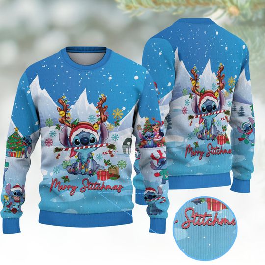 Discover Stitch Christmas Ugly Sweater, Cute Disney Holiday Sweatshirt, Funny Cartoon Winter Pullover For Her, Cozy Festive Christmas Gift