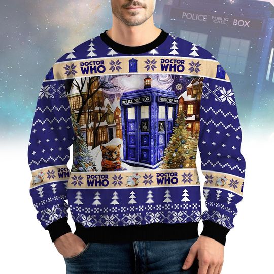 Doctor Who Ugly Christmas Sweater, Dr Who Tardis Police Box Sweatshirt, TV Series Xmas Sweatshirt, Movie Holiday Crewneck, Dr Who Fan Gift