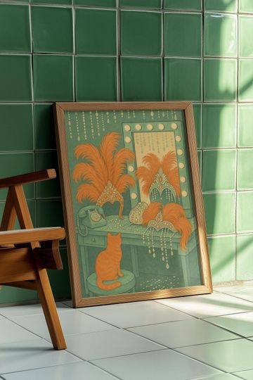 Discover Showgirl Vanity Art Print: Vintage Cat, Feathers & Rhinestones (Digital Download)