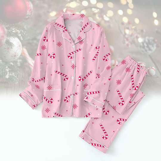 Discover Candy Cane Christmas Pajamas Set, Women Long Sleeve Pajamas, Holiday Midnight Shirt, Winter Pajamas, Xmas Gift